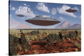 A Herd of Centrosaurus Dinosaurs Walk Past a Group of UFO'S-null-Stretched Canvas
