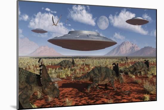 A Herd of Centrosaurus Dinosaurs Walk Past a Group of UFO'S-null-Mounted Premium Giclee Print
