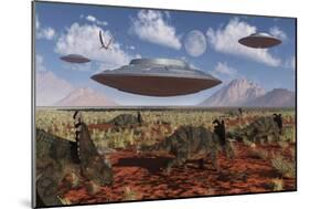 A Herd of Centrosaurus Dinosaurs Walk Past a Group of UFO'S-null-Mounted Premium Giclee Print