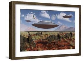 A Herd of Centrosaurus Dinosaurs Walk Past a Group of UFO'S-null-Framed Art Print