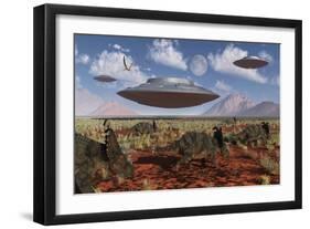 A Herd of Centrosaurus Dinosaurs Walk Past a Group of UFO'S-null-Framed Art Print