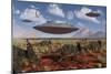 A Herd of Centrosaurus Dinosaurs Walk Past a Group of UFO'S-null-Mounted Art Print