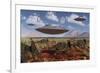 A Herd of Centrosaurus Dinosaurs Walk Past a Group of UFO'S-null-Framed Art Print