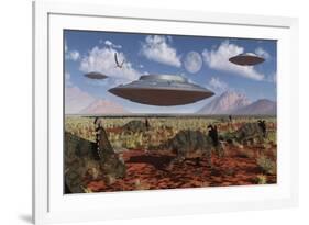 A Herd of Centrosaurus Dinosaurs Walk Past a Group of UFO'S-null-Framed Art Print