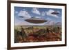 A Herd of Centrosaurus Dinosaurs Walk Past a Group of UFO'S-null-Framed Art Print