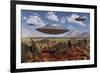 A Herd of Centrosaurus Dinosaurs Walk Past a Group of UFO'S-null-Framed Art Print