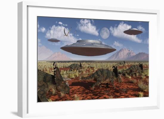 A Herd of Centrosaurus Dinosaurs Walk Past a Group of UFO'S-null-Framed Art Print