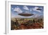 A Herd of Centrosaurus Dinosaurs Walk Past a Group of UFO'S-null-Framed Art Print