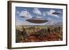 A Herd of Centrosaurus Dinosaurs Walk Past a Group of UFO'S-null-Framed Art Print