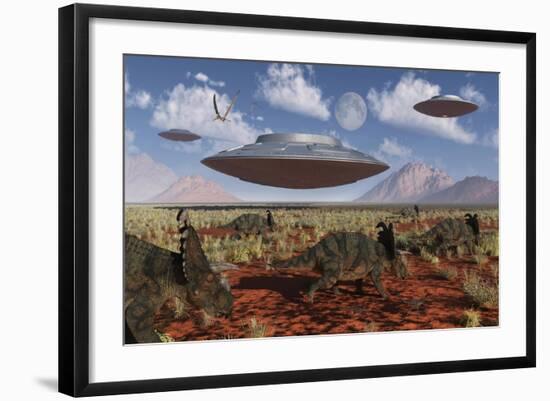 A Herd of Centrosaurus Dinosaurs Walk Past a Group of UFO'S-null-Framed Art Print