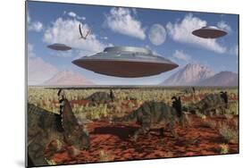 A Herd of Centrosaurus Dinosaurs Walk Past a Group of UFO'S-null-Mounted Art Print