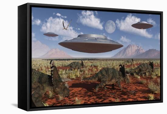 A Herd of Centrosaurus Dinosaurs Walk Past a Group of UFO'S-null-Framed Stretched Canvas