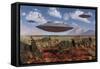 A Herd of Centrosaurus Dinosaurs Walk Past a Group of UFO'S-null-Framed Stretched Canvas