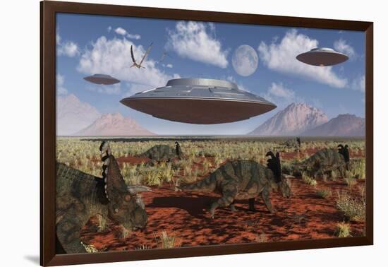 A Herd of Centrosaurus Dinosaurs Walk Past a Group of UFO'S-null-Framed Art Print