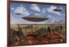 A Herd of Centrosaurus Dinosaurs Walk Past a Group of UFO'S-null-Framed Art Print