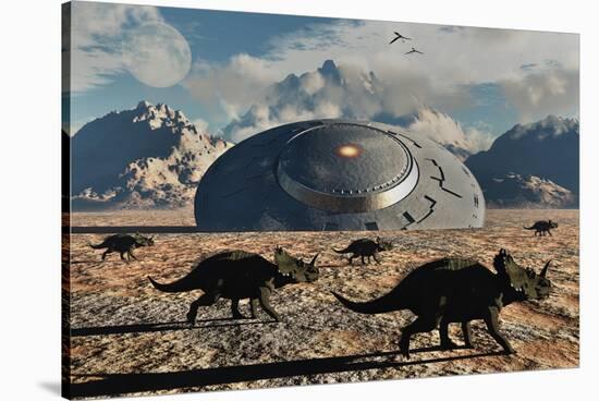 A Herd of Dinosaurs Walk Past a Flying Saucer Lodged into the Ground-null-Stretched Canvas