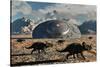 A Herd of Dinosaurs Walk Past a Flying Saucer Lodged into the Ground-null-Stretched Canvas