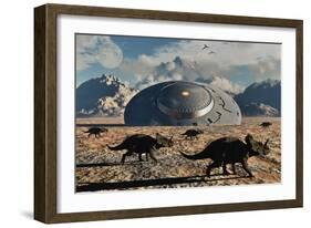 A Herd of Dinosaurs Walk Past a Flying Saucer Lodged into the Ground-null-Framed Premium Giclee Print