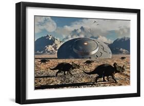 A Herd of Dinosaurs Walk Past a Flying Saucer Lodged into the Ground-null-Framed Premium Giclee Print