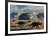 A Herd of Dinosaurs Walk Past a Flying Saucer Lodged into the Ground-null-Framed Art Print