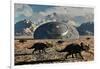 A Herd of Dinosaurs Walk Past a Flying Saucer Lodged into the Ground-null-Framed Art Print