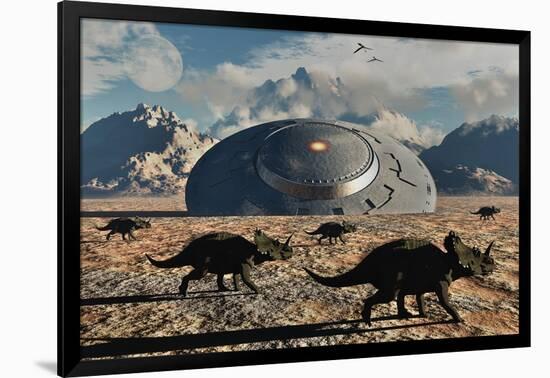 A Herd of Dinosaurs Walk Past a Flying Saucer Lodged into the Ground-null-Framed Art Print