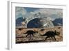 A Herd of Dinosaurs Walk Past a Flying Saucer Lodged into the Ground-null-Framed Art Print