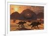 A Herd of Dinosaurs Walk Past a Flying Saucer Lodged into the Ground-null-Framed Art Print