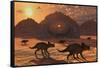 A Herd of Dinosaurs Walk Past a Flying Saucer Lodged into the Ground-null-Framed Stretched Canvas
