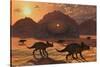 A Herd of Dinosaurs Walk Past a Flying Saucer Lodged into the Ground-null-Stretched Canvas