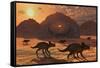 A Herd of Dinosaurs Walk Past a Flying Saucer Lodged into the Ground-null-Framed Stretched Canvas