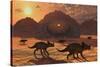 A Herd of Dinosaurs Walk Past a Flying Saucer Lodged into the Ground-null-Stretched Canvas