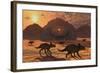 A Herd of Dinosaurs Walk Past a Flying Saucer Lodged into the Ground-null-Framed Art Print