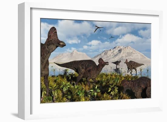 A Herd of Duckbilled Corythosaurus Dinosaurs-null-Framed Art Print