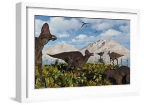 A Herd of Duckbilled Corythosaurus Dinosaurs-null-Framed Art Print