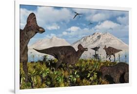 A Herd of Duckbilled Corythosaurus Dinosaurs-null-Framed Art Print