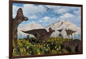 A Herd of Duckbilled Corythosaurus Dinosaurs-null-Framed Art Print