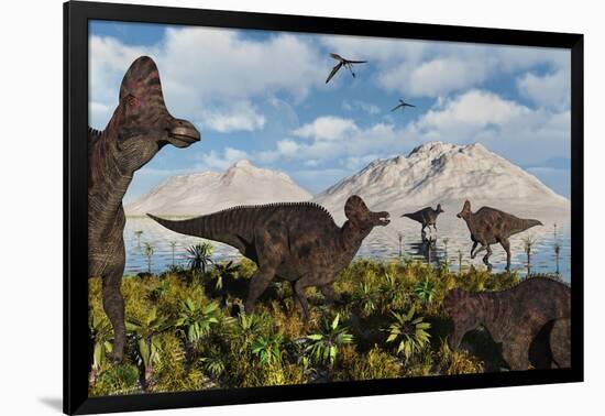 A Herd of Duckbilled Corythosaurus Dinosaurs-null-Framed Art Print