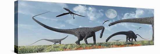 A Herd of Giant Diplodocus Dinosaurs Grazing-null-Stretched Canvas