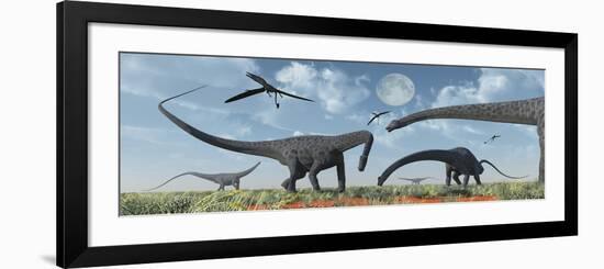 A Herd of Giant Diplodocus Dinosaurs Grazing-null-Framed Premium Giclee Print