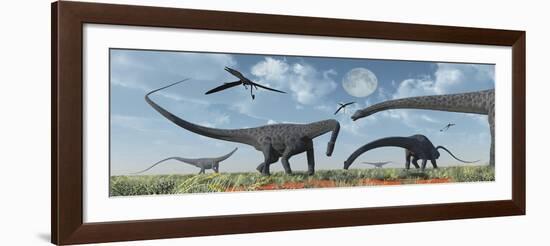 A Herd of Giant Diplodocus Dinosaurs Grazing-null-Framed Art Print