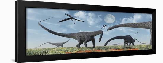 A Herd of Giant Diplodocus Dinosaurs Grazing-null-Framed Art Print
