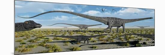 A Herd of Giant Diplodocus Dinosaurs on the Move-null-Mounted Art Print