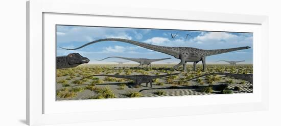 A Herd of Giant Diplodocus Dinosaurs on the Move-null-Framed Art Print