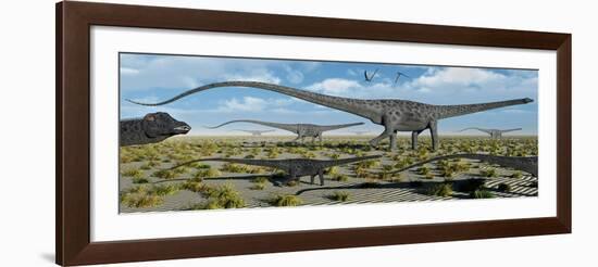 A Herd of Giant Diplodocus Dinosaurs on the Move-null-Framed Art Print