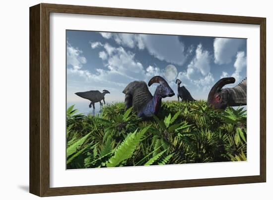 A Herd of Herbivorous Parasaurolophus Dinosaurs Grazing-null-Framed Art Print
