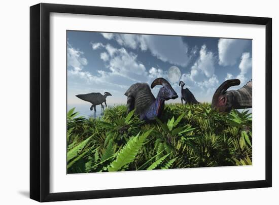 A Herd of Herbivorous Parasaurolophus Dinosaurs Grazing-null-Framed Art Print