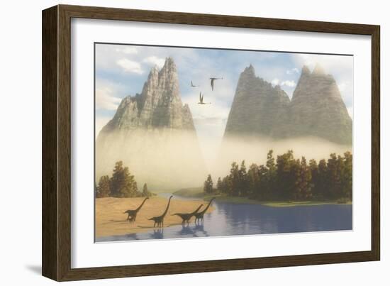 A Herd of Mamenchisaurus Dinosaurs Grazing Along a River-Stocktrek Images-Framed Art Print