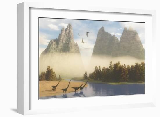 A Herd of Mamenchisaurus Dinosaurs Grazing Along a River-Stocktrek Images-Framed Art Print