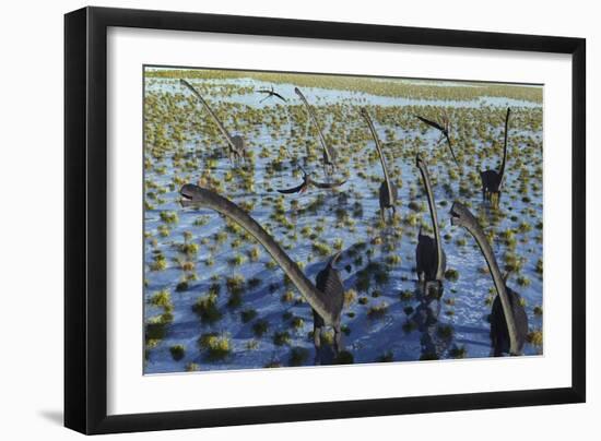 A Herd of Omeisaurus Dinosaurs on the Move-null-Framed Art Print